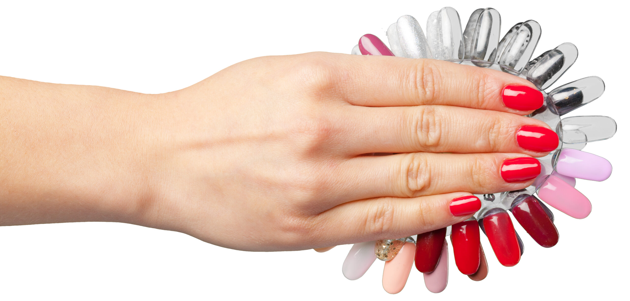 Hand with press-on nail extensions and polish